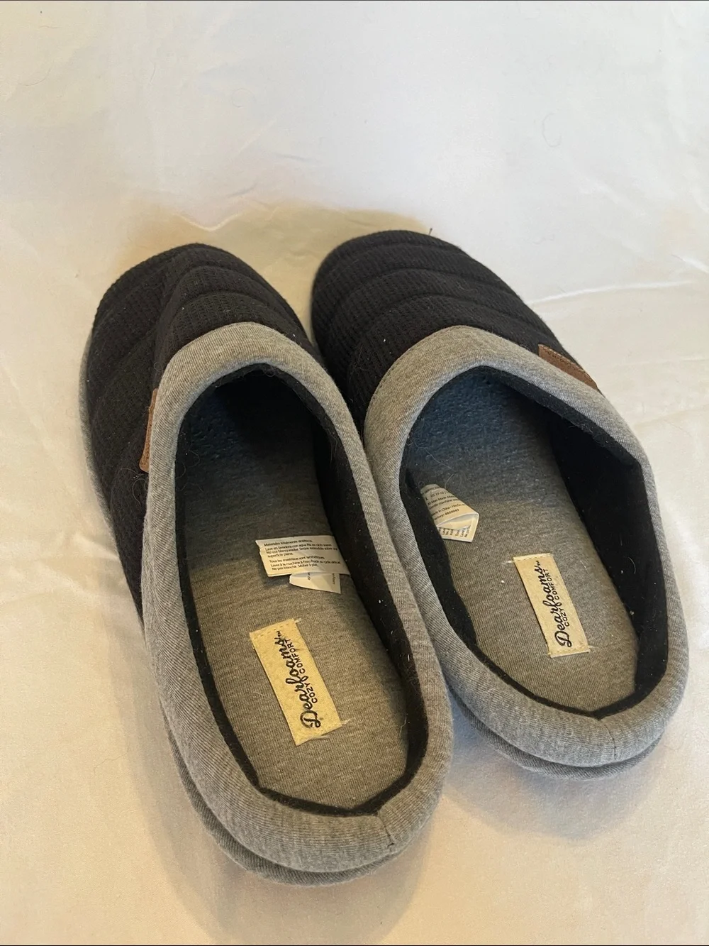 Men's Black Slip-On Quilted House Shoes with Grey Trim dearfoams